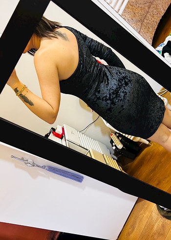 Siyah Tek Omuz Kadife Mini Elbise - Görsel 5