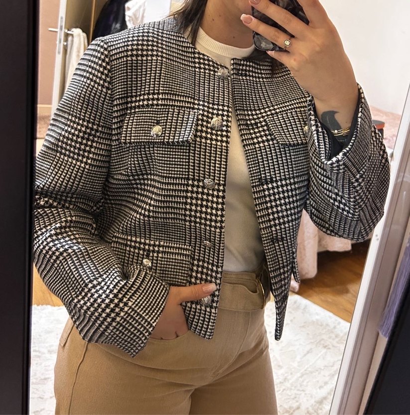 H&M Marka Düğmeli Kısa Ekose Desenli Kadın Ceket - Görsel 5