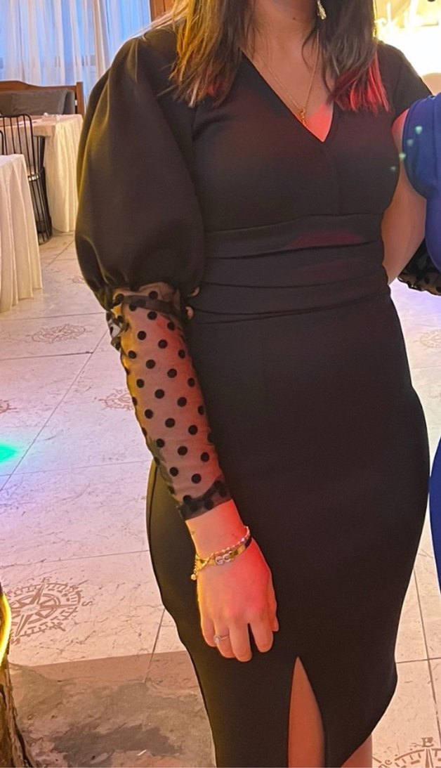 Puantiye Desenli Siyah Midi Kalem Elbise - Görsel 2