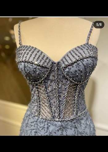 Boncuk İşlemeli V Yaka Uzun Gri Nişan Elbisesi - Ana görsel