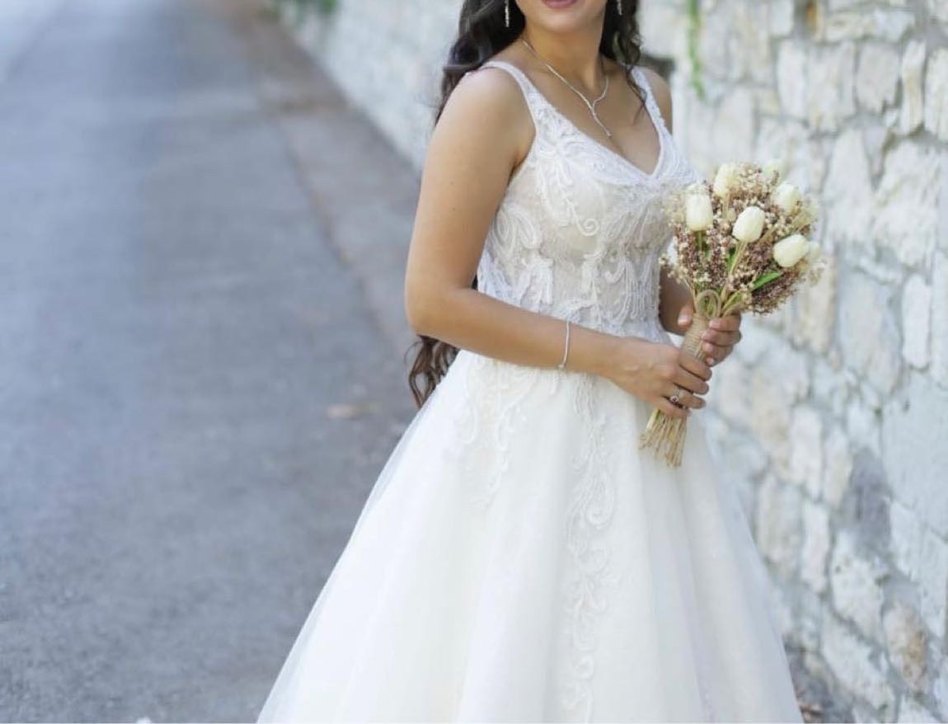 V Yaka Kolsuz A Kesim Beyaz Gelinlik - Görsel 2