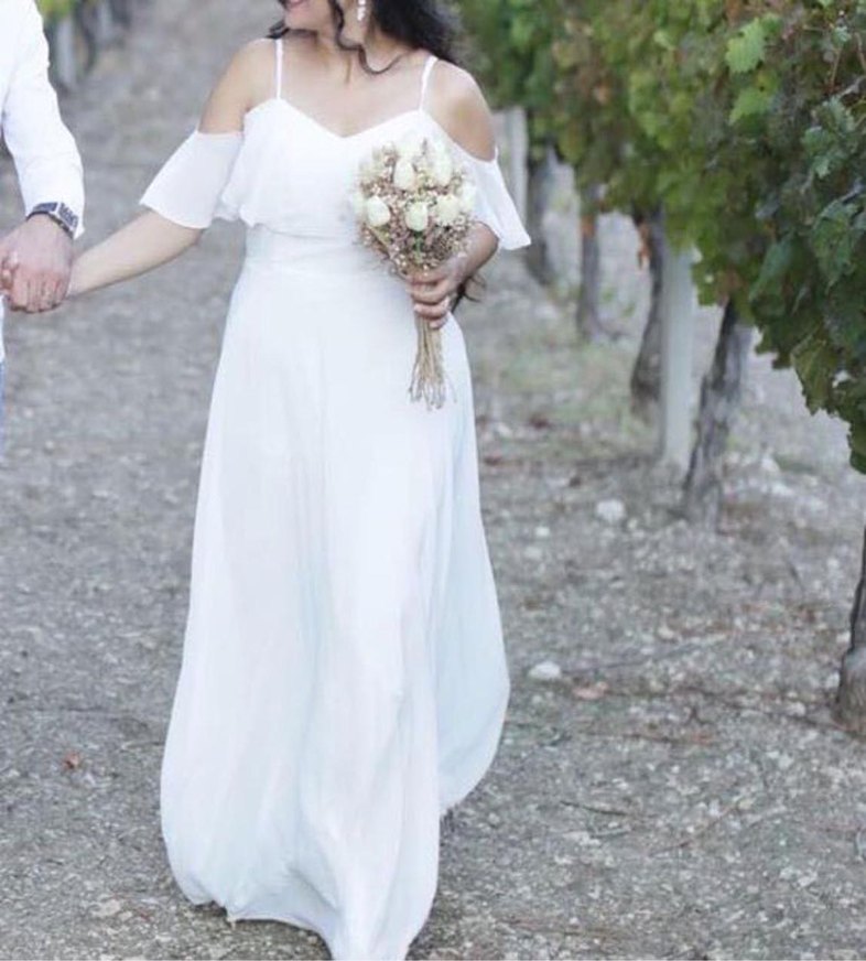 V Yaka Kolsuz A Kesim Beyaz Gelinlik - Görsel 4