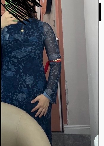 Lacivert Dantelli Midi Henna Elbise