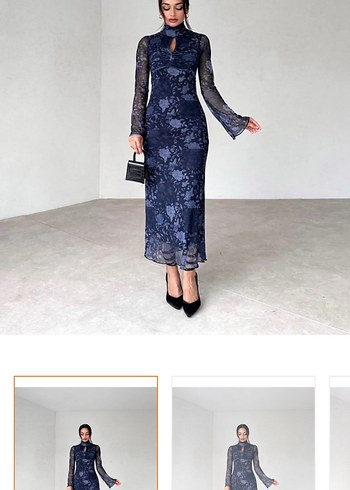 Abiye Lacivert Dantelli Midi Henna Elbise