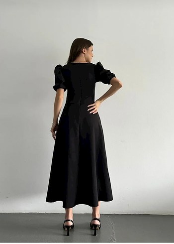 l Beden Siyah Uzun Drapeli Gotik Elbise
