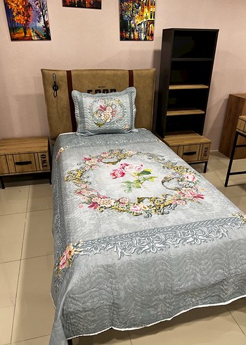 Beden Gri Nakış İşlemeli Yatak Örtüsü Tek Kişilik
