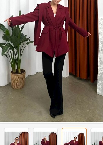 Bordo Kemerli Uzun Kadın Blazer Ceket - Görsel 2