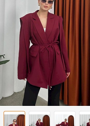 Bordo Kemerli Uzun Kadın Blazer Ceket - Görsel 3