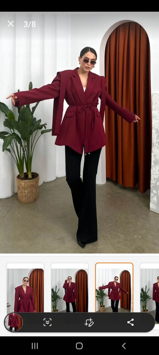 Bordo Kemerli Uzun Kadın Blazer Ceket - Görsel 2