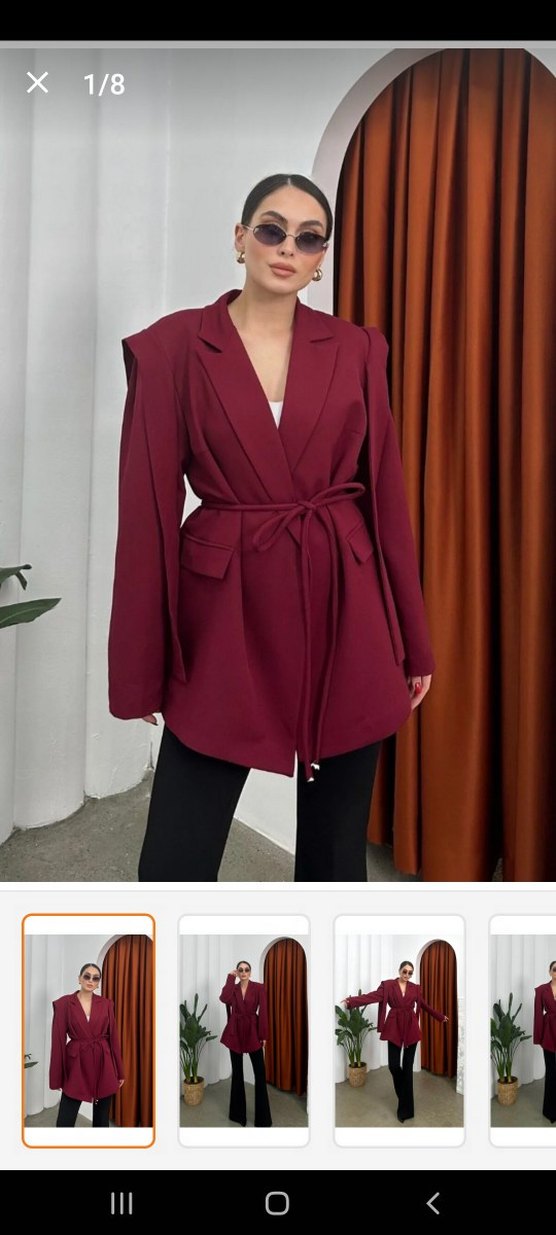 Bordo Kemerli Uzun Kadın Blazer Ceket - Görsel 3