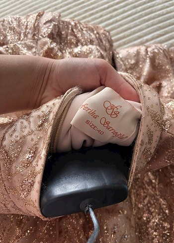 Bej Nakışlı Vintage Uzun Abiye Elbise pelerin kollu sifir elbise - Görsel 5