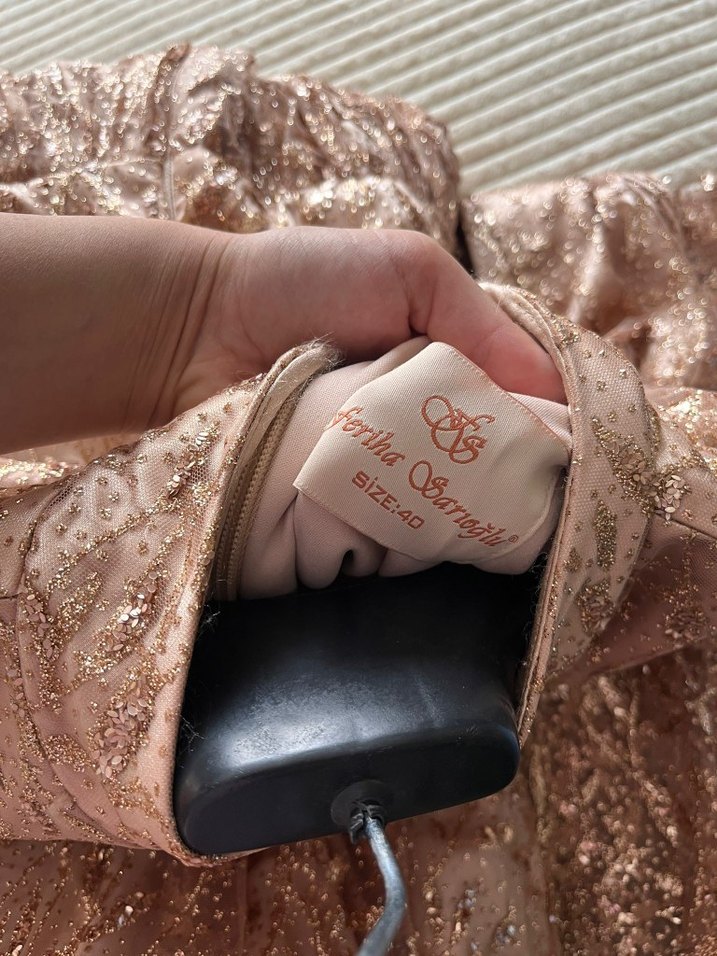 Bej Nakışlı Vintage Uzun Abiye Elbise pelerin kollu sifir elbise - Görsel 5