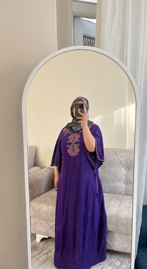 Mor Bohem Etnik Desenli Salaş Henna Elbise el dikme m ve L ulo - Görsel 3