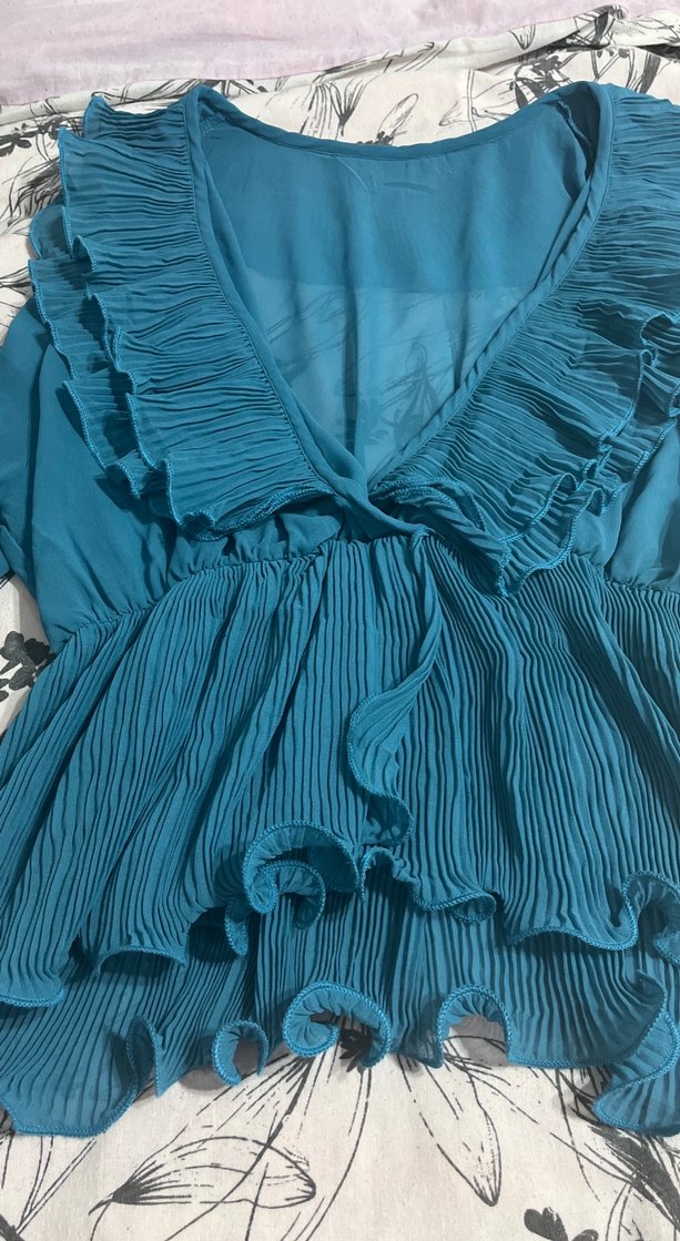 Bohem takim Tarzı Mavi kadın yazlık bluz ve şalvarı ile takım  - Görsel 3