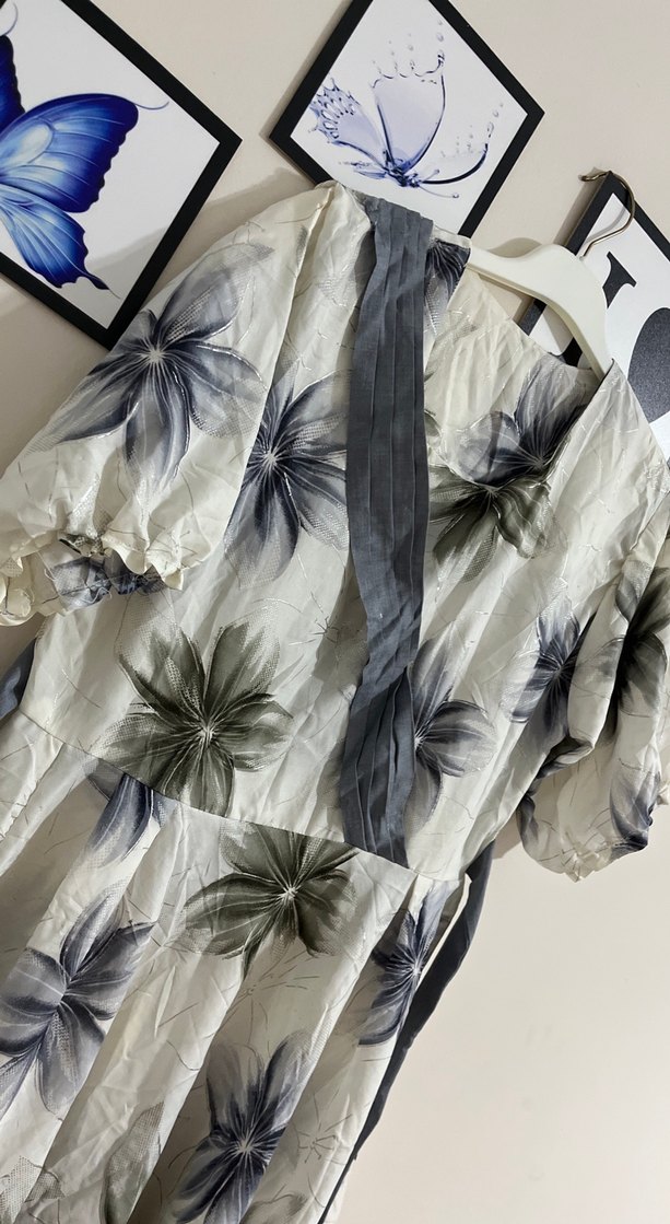 Bohem Uzun Gri Beyaz Bağlamalı Kadın Elbise - Görsel 2