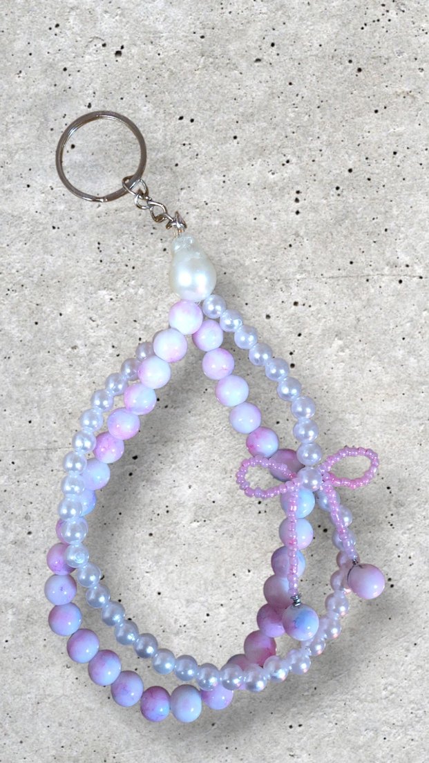 Pembe- Beyaz İnci Boncuklu  Anahtarlık - Görsel 3