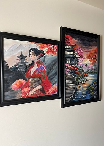 Kırmızı Temalı Japon Esintili İki Parça Tablo