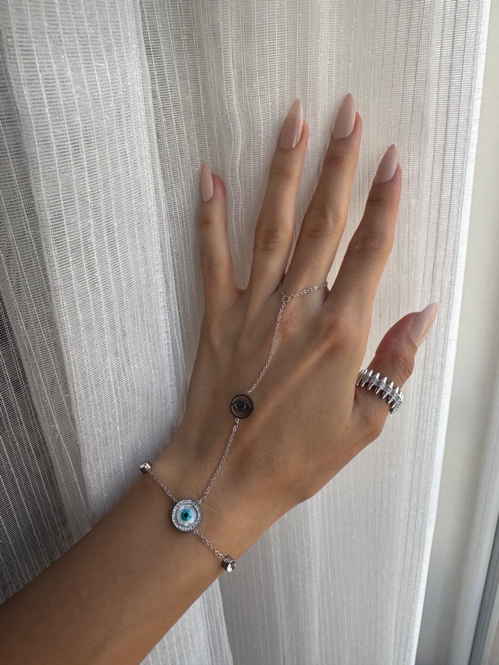 Gümüş Renk Çelik Mavi Gözboncuk Detay Şahmeran - Görsel 2