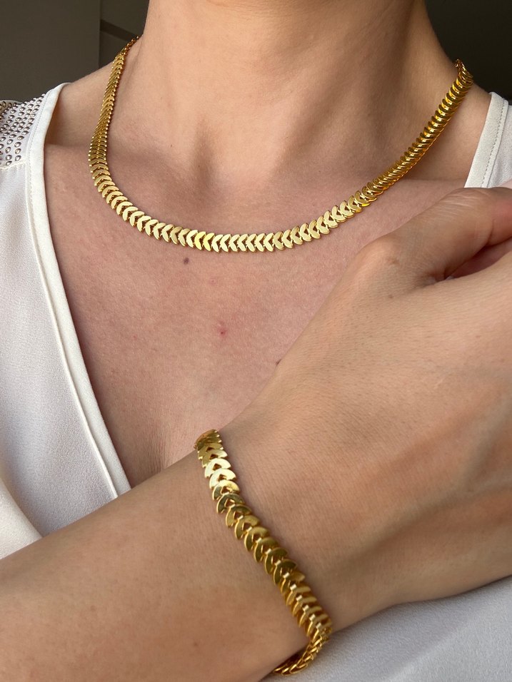 Altın Renk Çelik Balık Sırtı Bileklik Kolye Set - Görsel 2