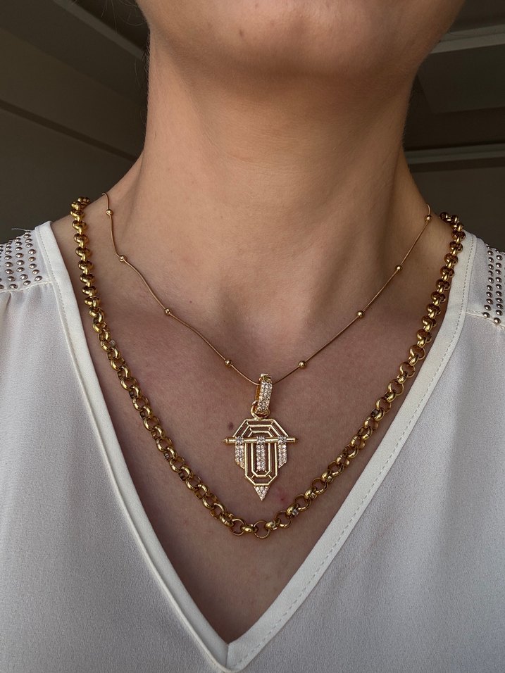 Altın Renk Geometrik Desen Çelik Kolye Ucu - Görsel 3