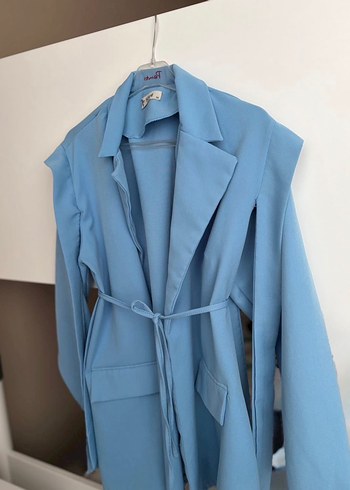Mavi Kemerli Midi Kadın Blazer Ceket - Görsel 3