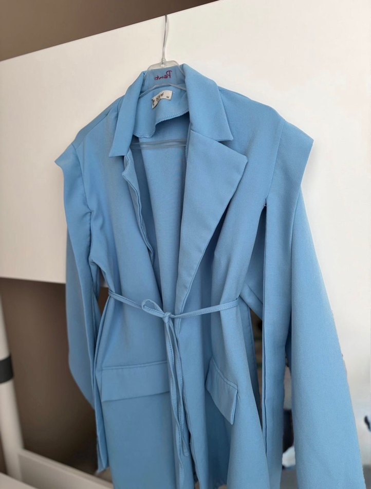 Mavi Kemerli Midi Kadın Blazer Ceket - Görsel 3