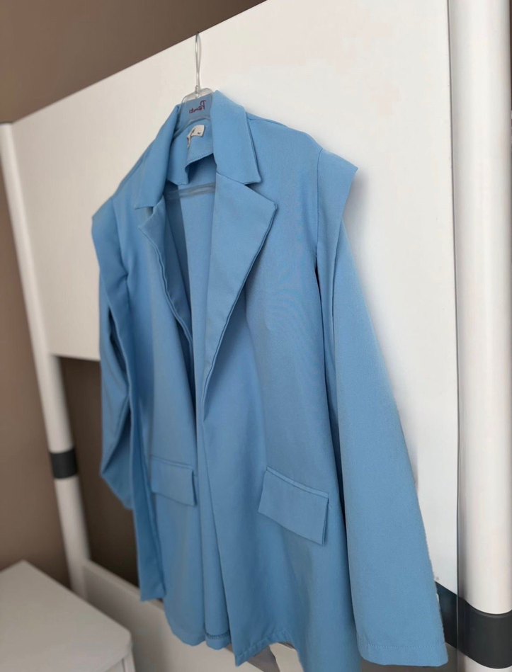 Mavi Kemerli Midi Kadın Blazer Ceket - Görsel 4