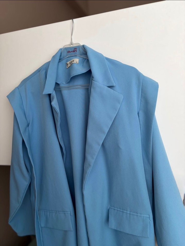 Mavi Kemerli Midi Kadın Blazer Ceket - Görsel 2