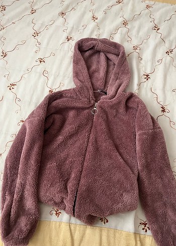 Bordo Kapüşonlu Peluş Kadın Ceket