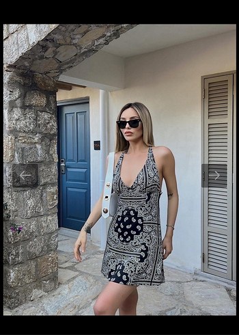 xs Beden Bershka Etnik Desen Siyah Mini Elbise