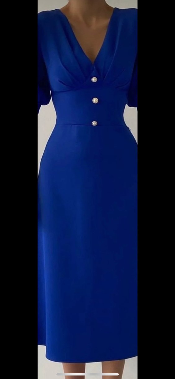 Düğmeli Mavi Kadın Midi Ofis Elbisesi - Görsel 2