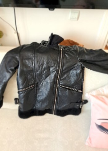 l Beden siyah Renk Kadın Siyah Deri Kürklü Biker Ceket