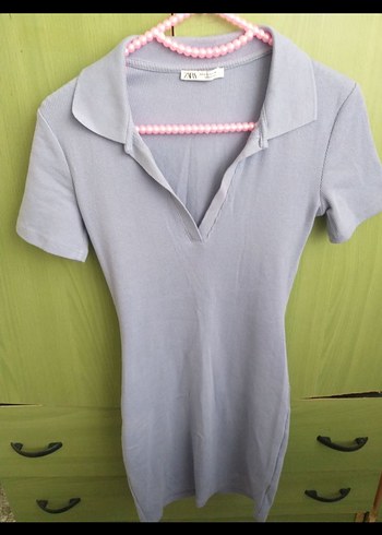 Zara Zara Mavi V Yaka Kısa Kollu Mini Elbise