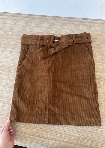 Kahverengi kadife Kemerli Mini Etek