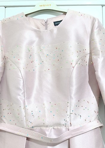 Pembe Uzun Kollu Drapeli Kadın Abiye Elbise - Görsel 4