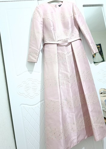 Pembe Uzun Kollu Drapeli Kadın Abiye Elbise - Görsel 2