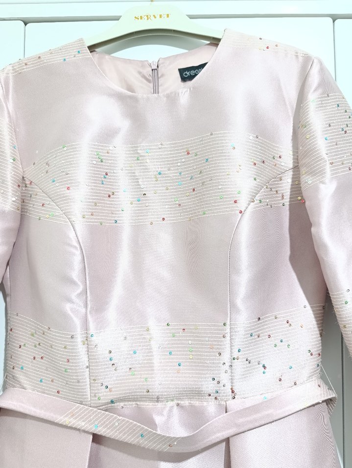 Pembe Uzun Kollu Drapeli Kadın Abiye Elbise - Görsel 4