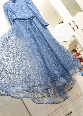 Dantel İşlemeli Uzun Mavi Bohem Elbise - Görsel 2