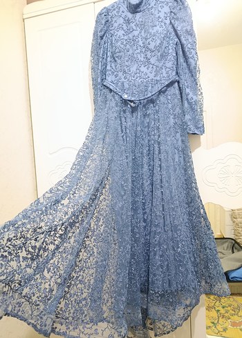 Dantel İşlemeli Uzun Mavi Bohem Elbise - Görsel 3