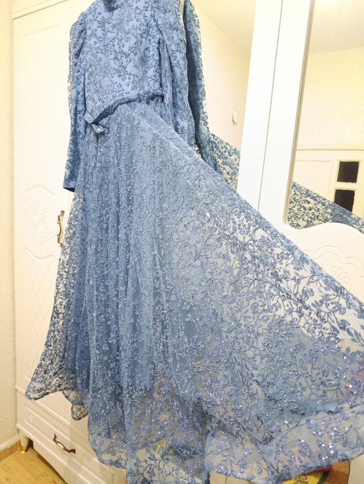 Dantel İşlemeli Uzun Mavi Bohem Elbise - Görsel 4