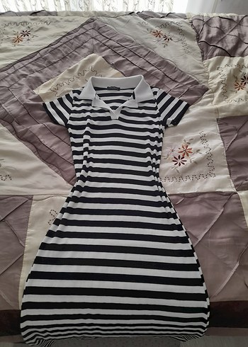 Polo Yaka Kısa Kollu Çizgili Midi Elbise