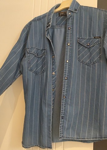 Düğmeli Mavi erkek Denim Gömlek - Görsel 4