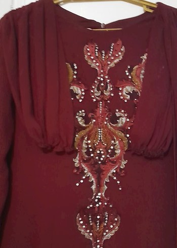 Bordo Nakışlı Uzun Kollu Kadın Abiye Elbise - Görsel 3