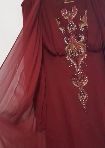 Bordo Nakışlı Uzun Kollu Kadın Abiye Elbise - Görsel 2