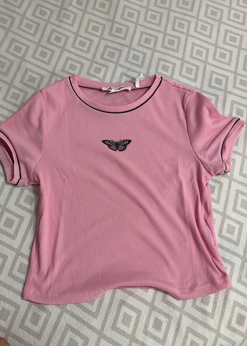 Pembe Baskılı Kısa Kollu Kadın Tişört