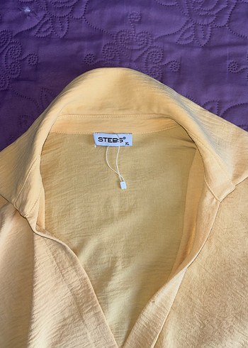 Sarı Kısa Kollu Keten Bluz - Görsel 2