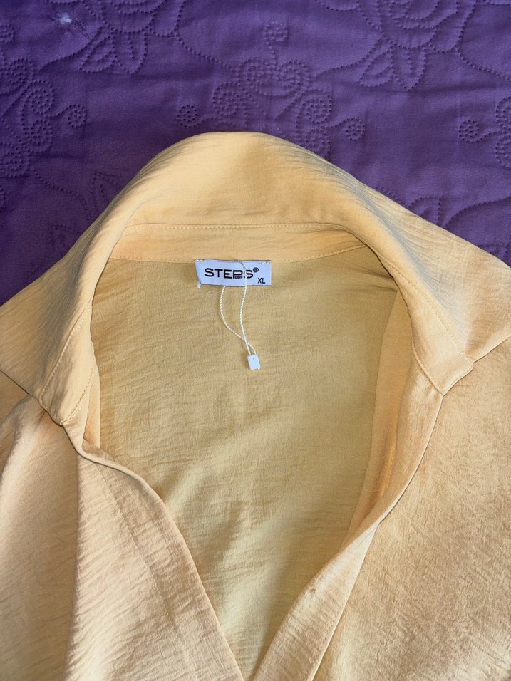 Sarı Kısa Kollu Keten Bluz - Görsel 2