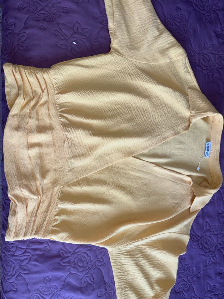 Sarı Kısa Kollu Keten Bluz - Görsel 3