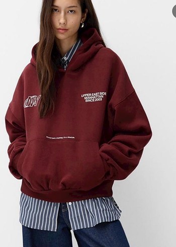 Bordo Kapüşonlu Baskılı Sweatshirt - Görsel 2