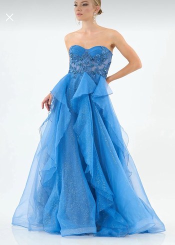 Işıltılı Straplez Mavi Uzun Abiye Elbise Nisanlik - Görsel 5